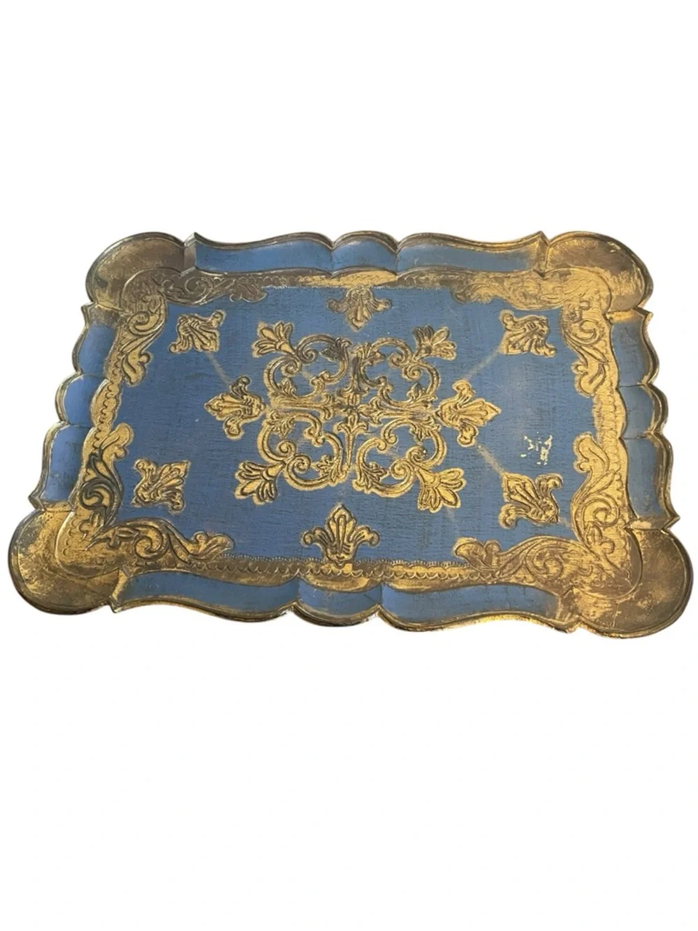 Vintage Italian Florentine Wood Tray Blue Gold Gilt Scalloped Hand Painted Italy